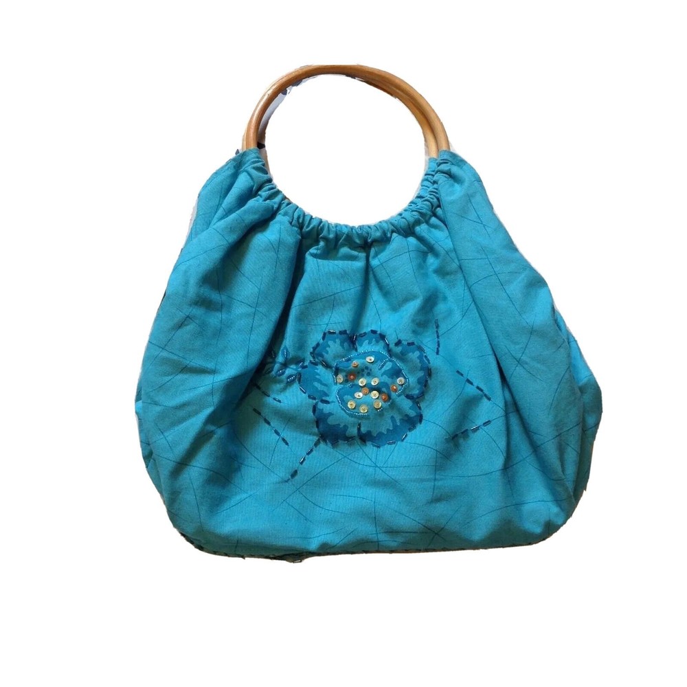United Colors of Benetton Blue Canvas Hobo Bag Wood‎ Handle Beaded Flower Straw